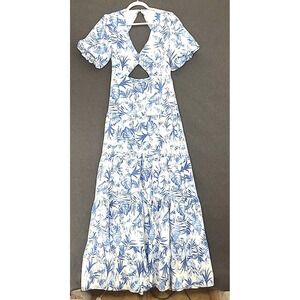 Cherley Blue Floral Tiered Dress Maxi Open Back and Front Sz Lg